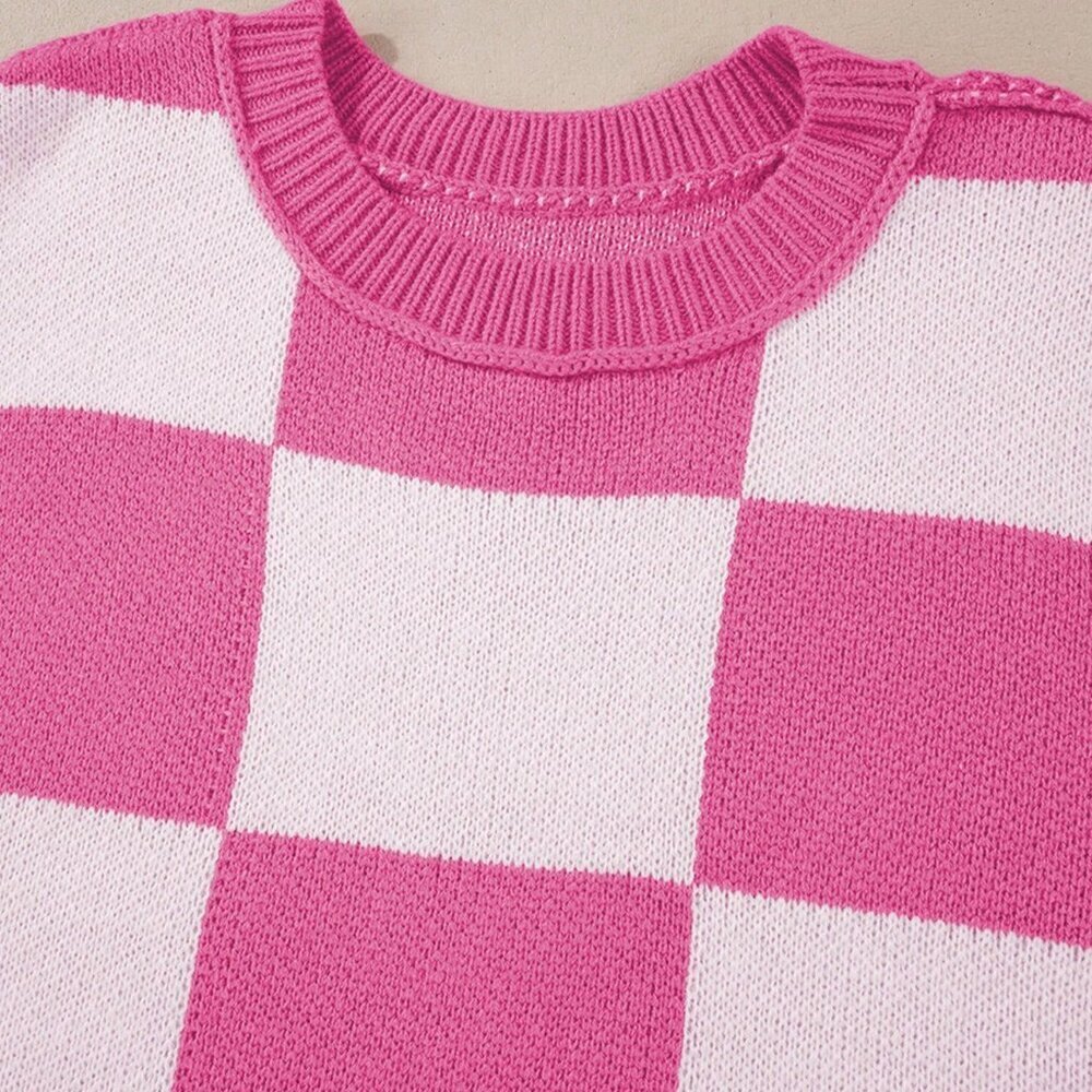 Hot Pink Casual Women's Checkered Elegant Sweater - Picture 7 of 8